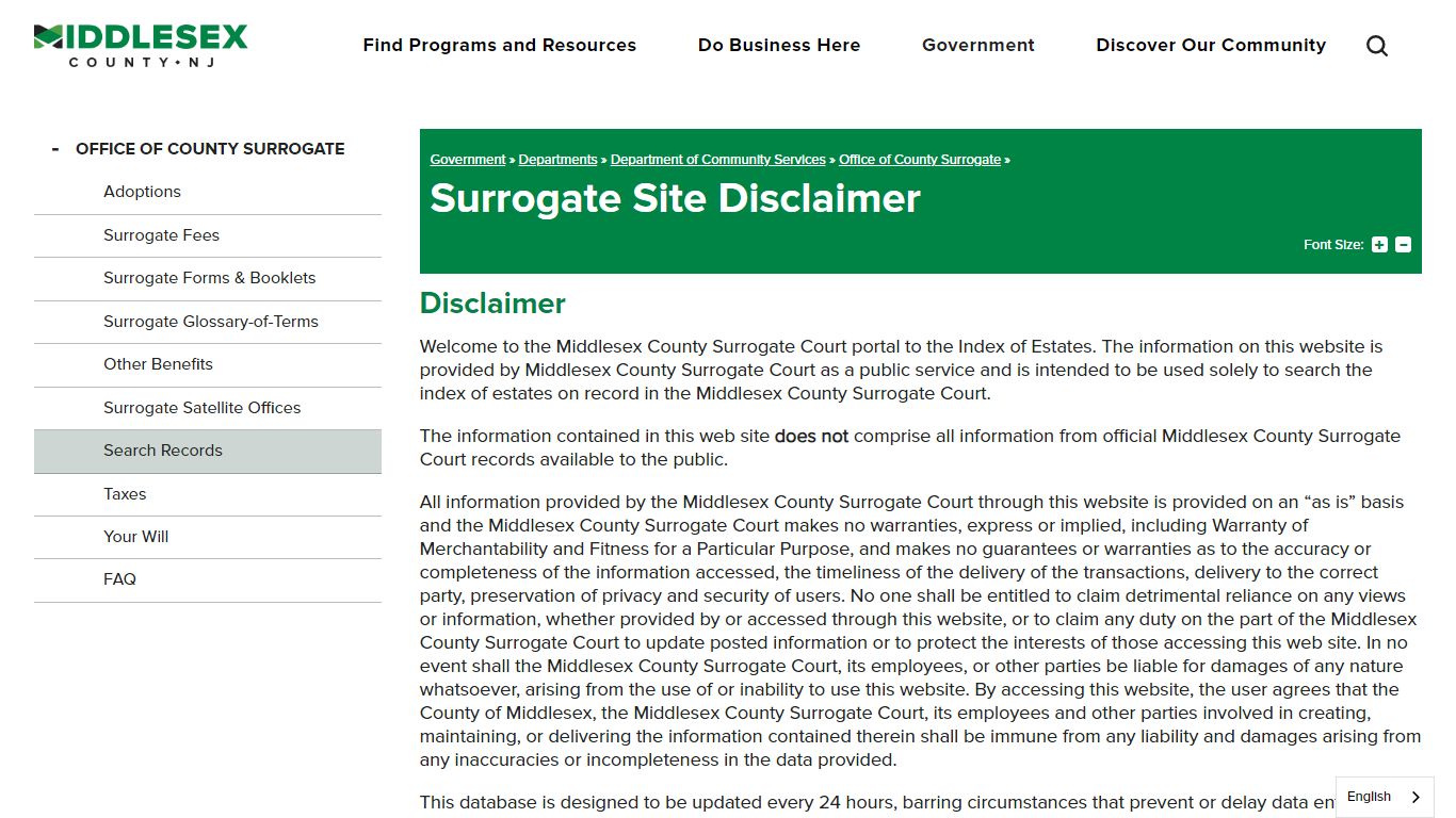 Surrogate Site Disclaimer | Middlesex County NJ